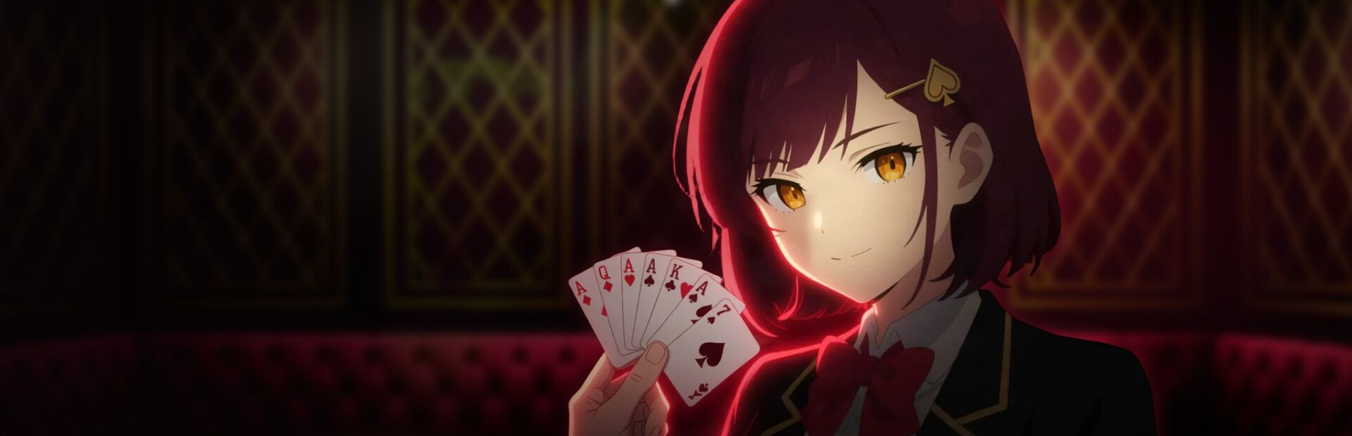 Ace Academy key art: a student in a black blazer holds a fan of cards in a red-lit card room