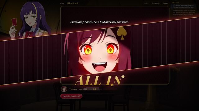 All in: Tsukasa, eyes lit with spades, pushes every chip in a game of Blind Card