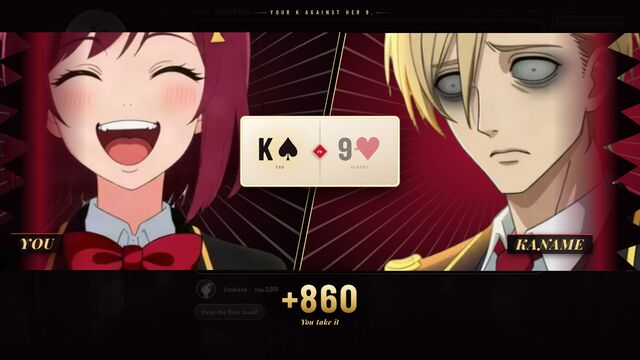 A king of spades beats a nine of hearts: Tsukasa takes 860 from Kaname