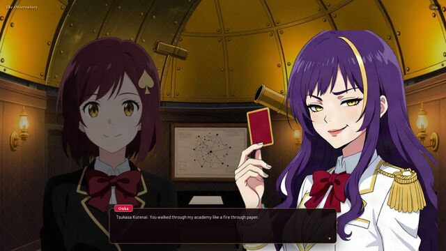 In the Observatory, Ouka raises a card: "Tsukasa Kurenai. You walked through my academy like a fire through paper."