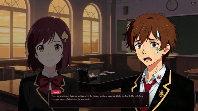 Tomoki explains the Kasanouras and the House in an empty classroom at sunset