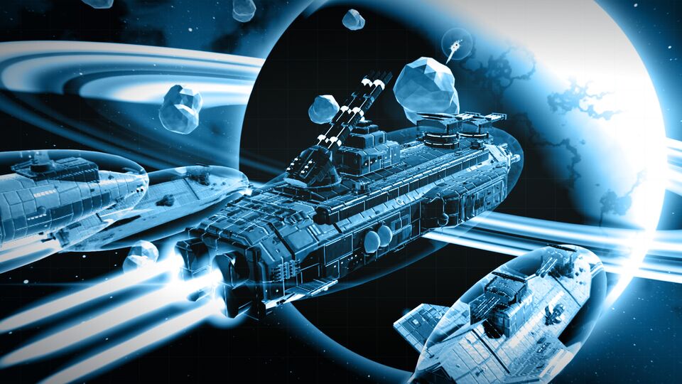 Engagement key art: a capital ship and its escorts in front of a ringed planet