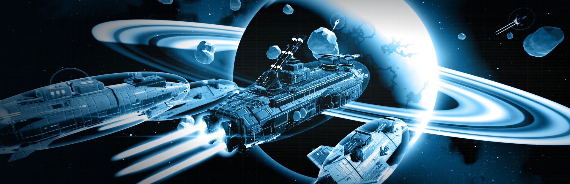 Engagement key art: a capital ship and its escorts in front of a ringed planet
