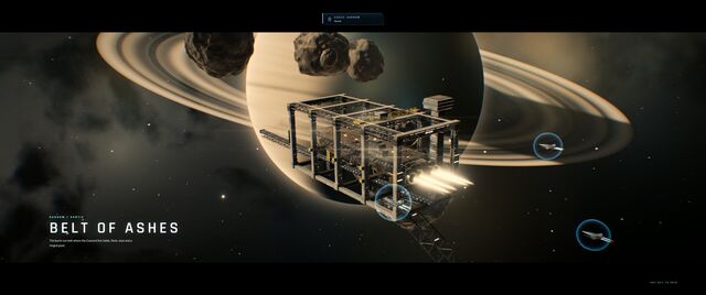 A capital ship in its yard cradle above a ringed planet, under the sector title Belt of Ashes (full size, 1920 × 804)
