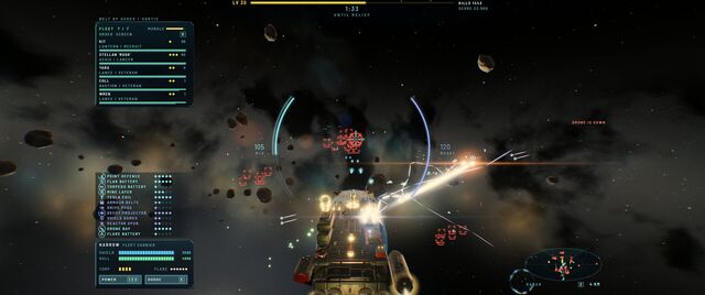 The capital ship firing its turrets into a swarm of enemy fighters (full size, 1920 × 804)