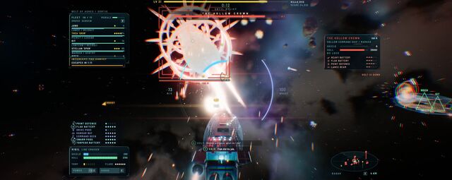 Beam fire hitting the Hollow Crown, seen from behind the player ship (full size, 1920 × 765)