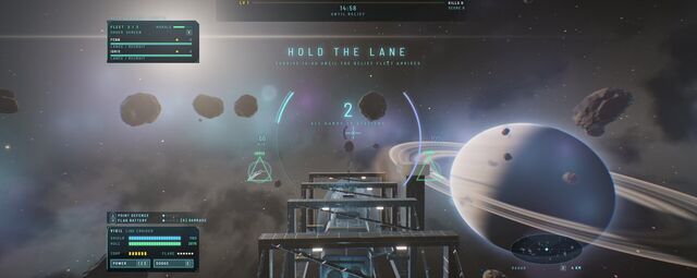 The Hold the lane countdown at the start of a run, near a ringed planet (full size, 1920 × 765)