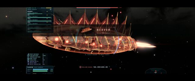 The Reaver, a spiked Hollow capital ship, entering the lane (full size, 1920 × 804)