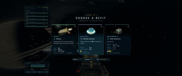 The Choose a refit screen, offering a Wasp bomber, shield domes or a flak battery (full size, 1920 × 804)