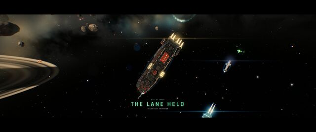 The lane held: the player ship and its escorts after surviving a run (full size, 1920 × 804)
