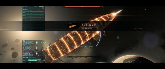 The Maw, a long ribbed Hollow ship, passing a planet (full size, 1920 × 804)