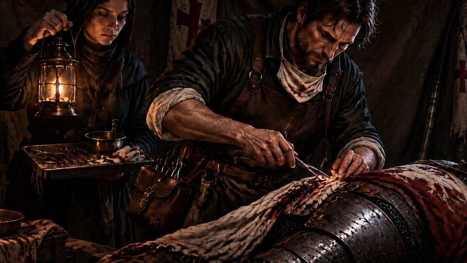 Field Surgeon key art: a surgeon operates on an armoured patient by lantern light in a war tent