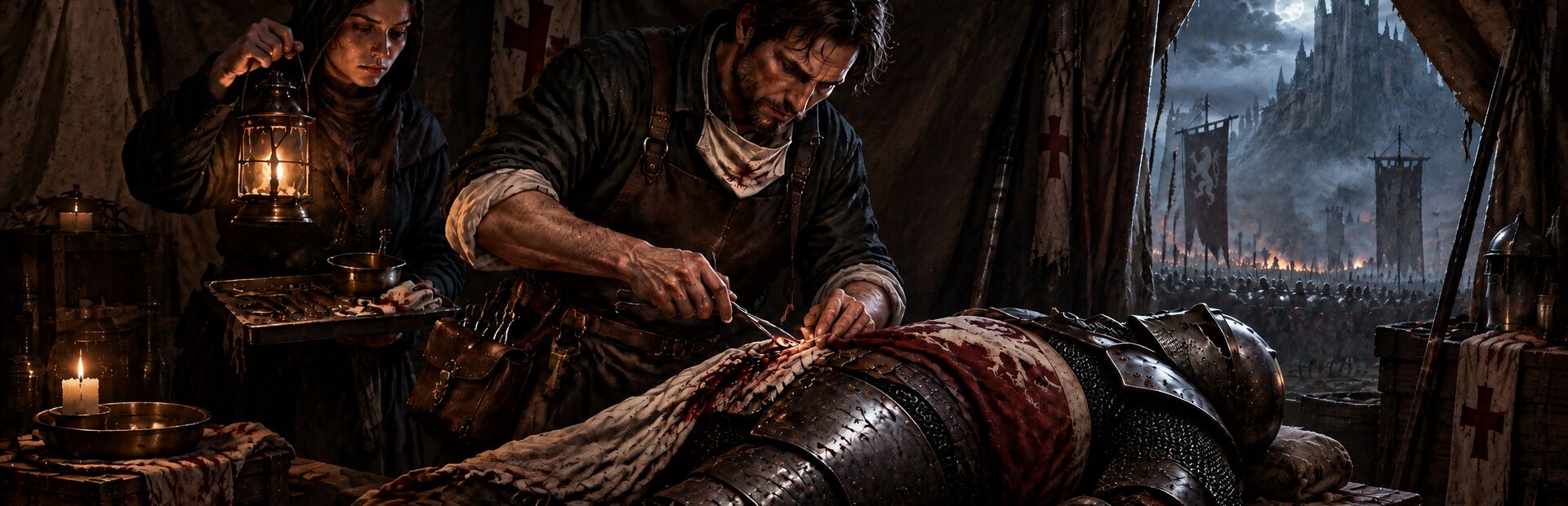 Field Surgeon key art: a surgeon operates on an armoured patient by lantern light in a war tent