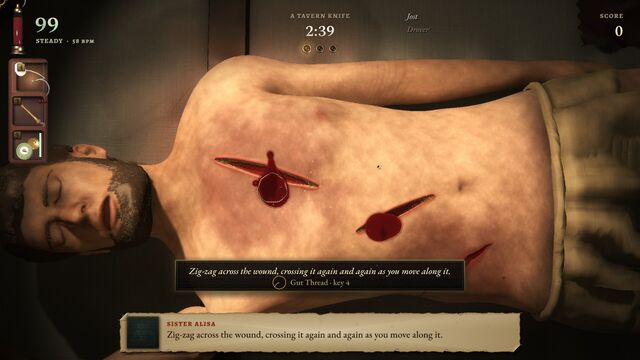 A patient with knife wounds across his chest, as Sister Alisa says to zig-zag the gut thread across the wound (full size, 1920 × 1080)