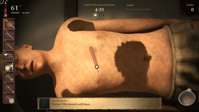 A bruised patient with a stab wound, as Sister Alisa notes the wound is still there (full size, 1920 × 1080)