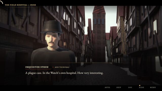Inquisitor Stroh of the Ash Tribunal in a timbered street at dusk: "A plague case. In the Watch's own hospital." (full size, 1920 × 1080)
