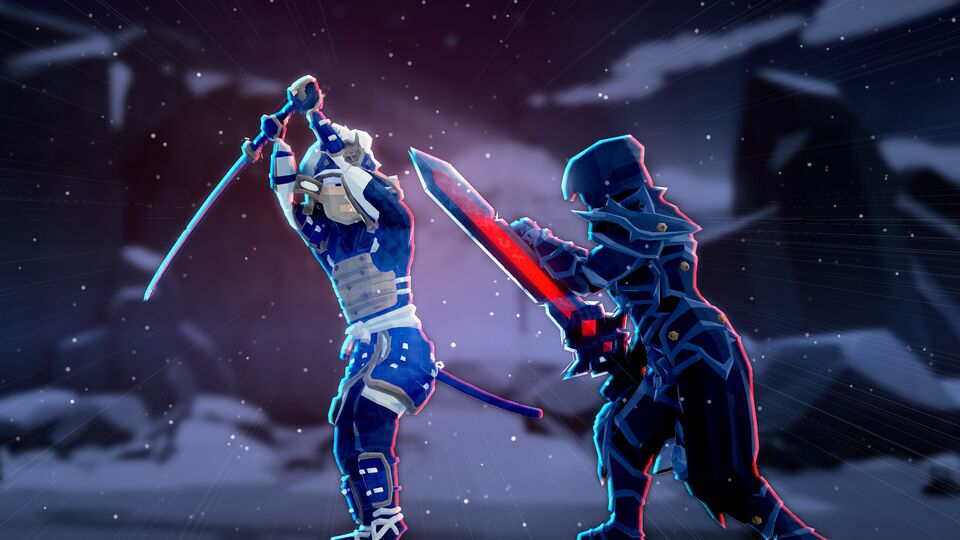 FIGHT key art: a white and blue samurai and a hooded fighter with a red greatsword clash in the snow