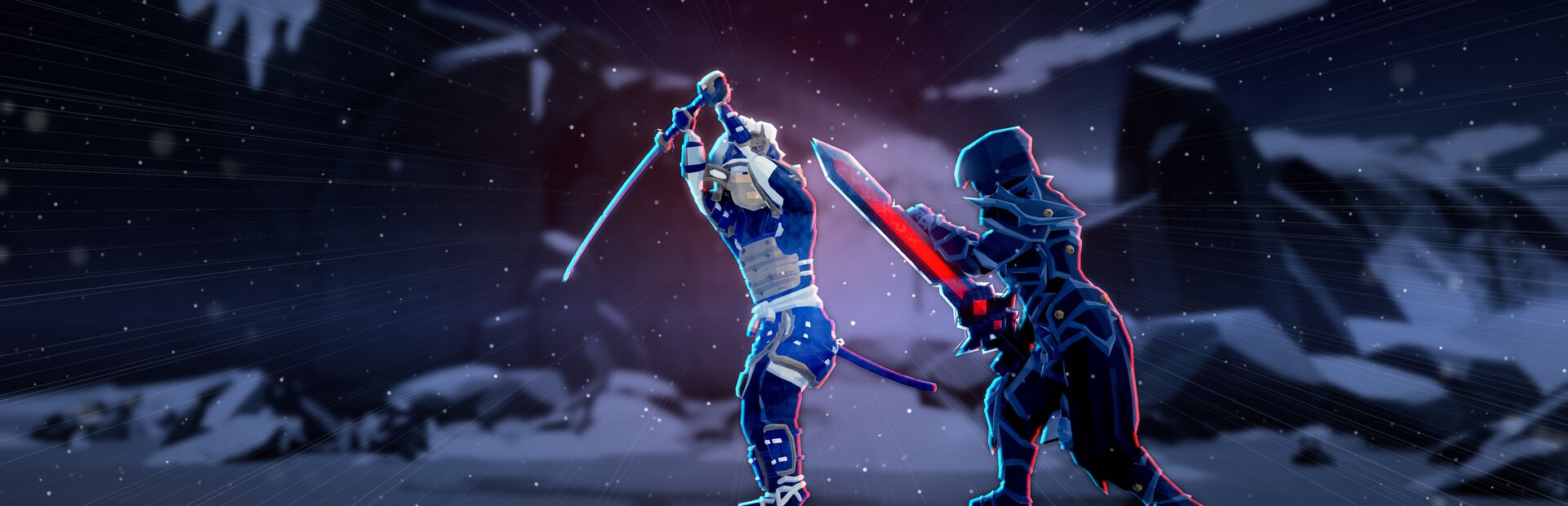FIGHT key art: a white and blue samurai and a hooded fighter with a red greatsword clash in the snow