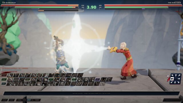 The Barbarian and the Sorcerer trade blows on a pale stone stage, with the move timeline along the bottom (full size, 1920 × 1080)