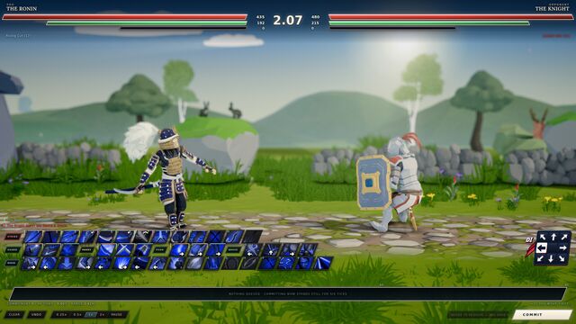 The Ronin and the Knight square up on a meadow while the move timeline is planned (full size, 1920 × 1080)