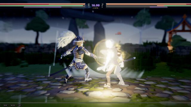 A bright flash as two fighters clash on a night stage (full size, 1920 × 1080)