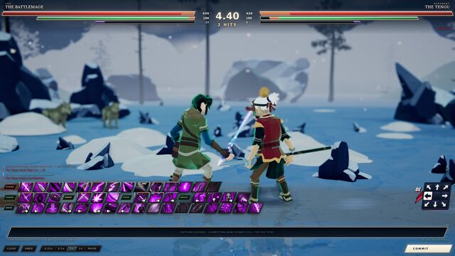The Battlemage and the Tengu duel on a snow stage, with the move timeline below (full size, 1920 × 1080)