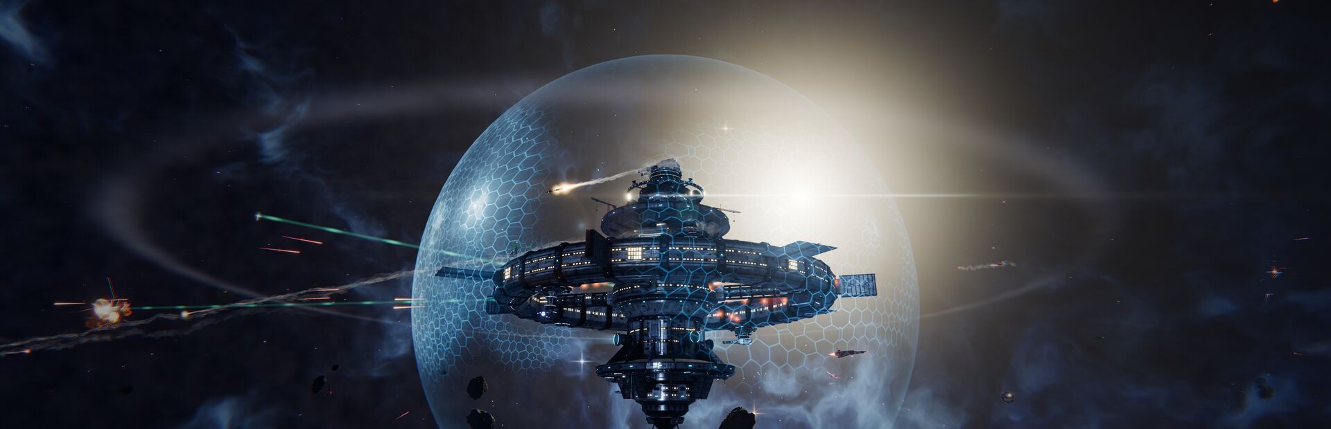 MOTHERSHIP key art: a fortress-station under a hexagonal shield, firing on attacking ships