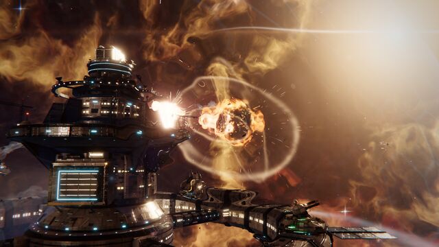 The station fires its battery into a burning asteroid inside an orange nebula