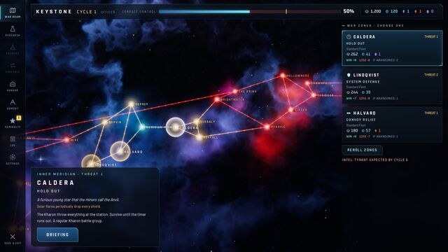 The war map: choosing between Caldera, Lindqvist and Halvard, with Caldera's Hold Out briefing open