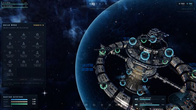 Build mode: empty sockets glow around the station's ring, with the structure menu on the left