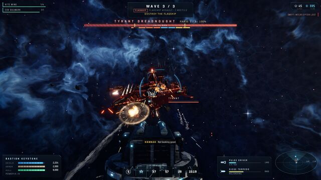 Wave 3 of 3: the Tyrant dreadnought under fire, with its health bar across the top