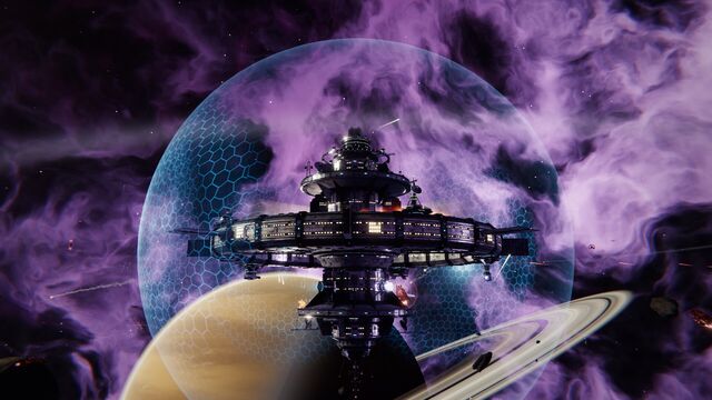 The station under its hexagonal shield above a ringed planet in a purple nebula