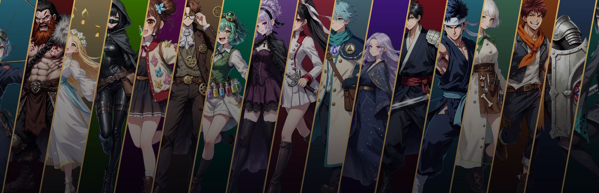 Phantasm Catalyst key art: a line of anime heroes, each on a different coloured panel