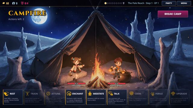 The campfire between battles, with actions to rest, train, enchant, meditate and talk