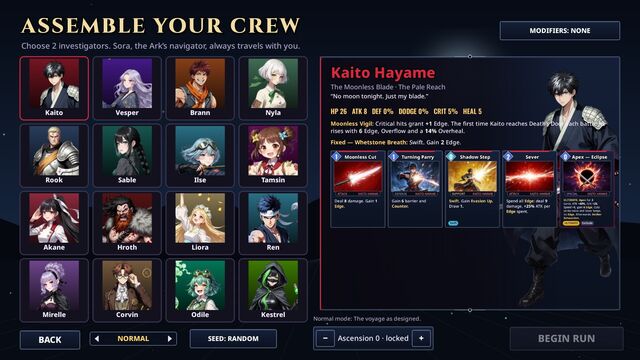 Assemble your crew: sixteen hero portraits, with Kaito Hayame selected