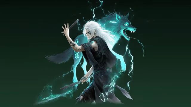 A white-haired hero with a glowing spirit wolf behind him