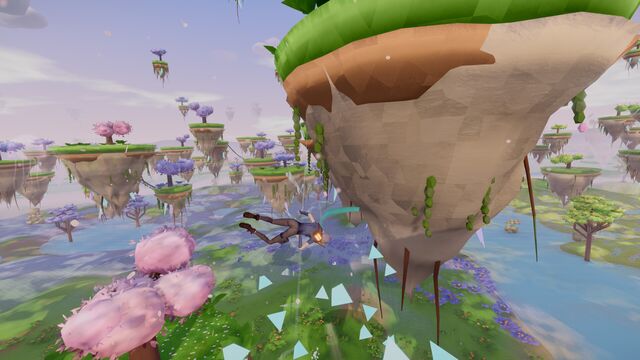 Flying past a floating island above pink blossom trees