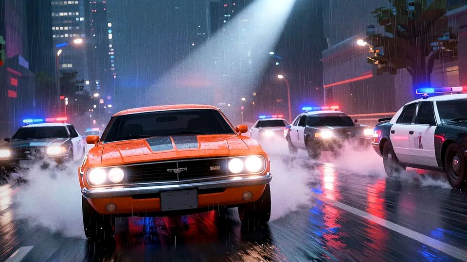 Street Takeover key art: an orange muscle car with police cruisers behind it on a wet city street at night