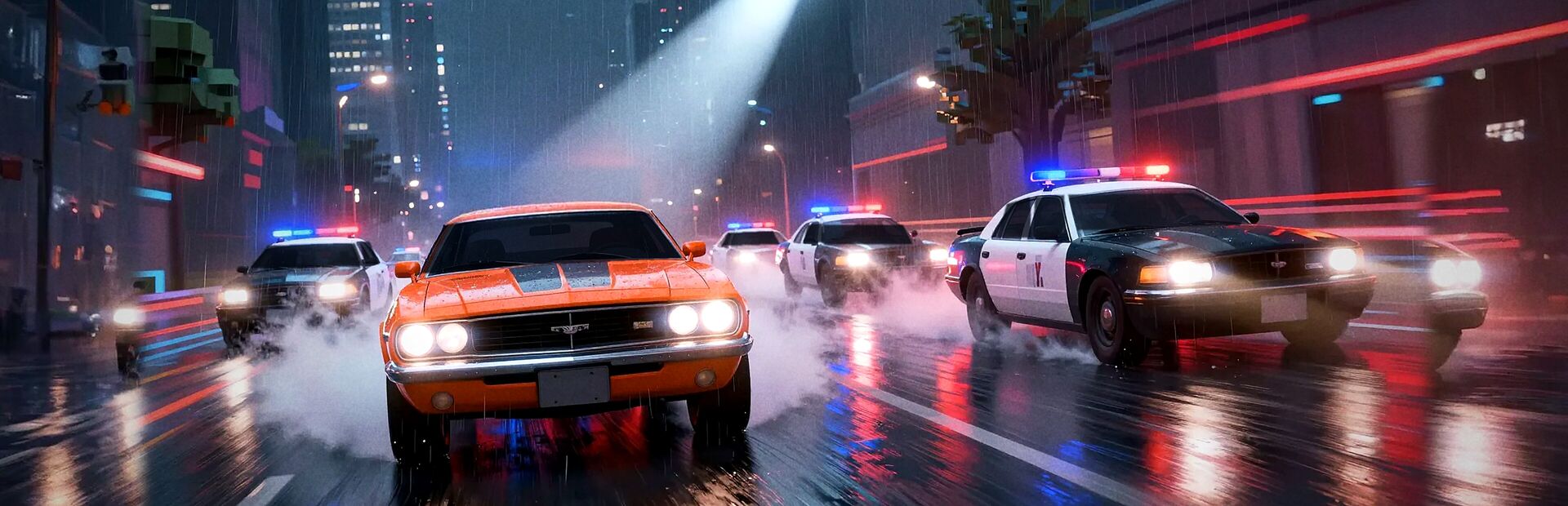 Street Takeover key art: an orange muscle car with police cruisers behind it on a wet city street at night