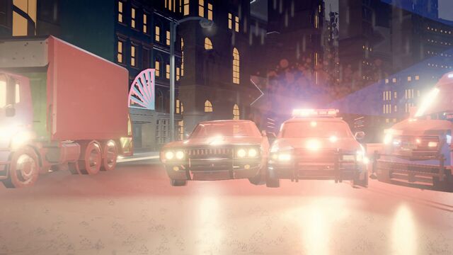 Police cruisers box in a car on a city street at night, next to a truck (full size, 1920 × 1080)