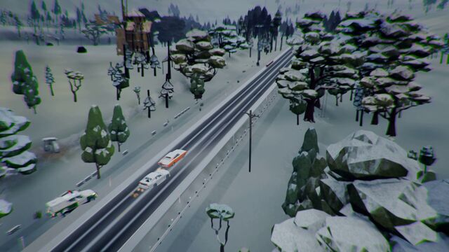 Police cruisers chase a car down a snowy highway, seen from above (full size, 1920 × 1080)