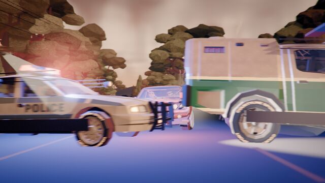A police cruiser jammed against a truck after a crash (full size, 1920 × 1080)