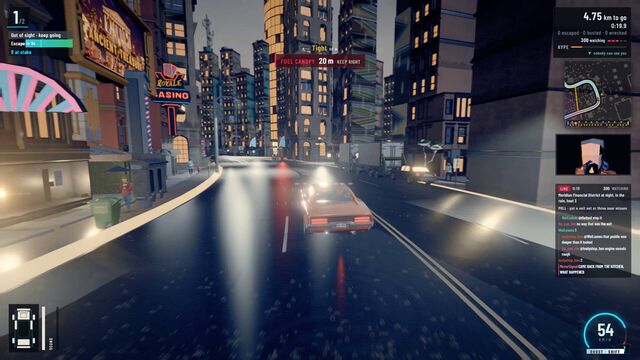 An orange muscle car on a wet city street at night, with the route map and dispatch feed on screen (full size, 1920 × 1080)
