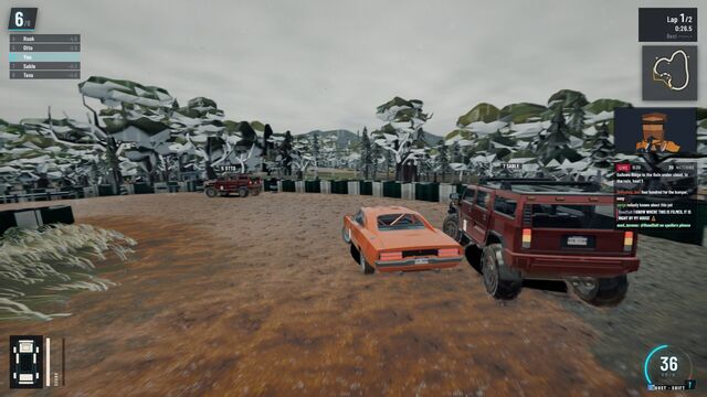 An orange muscle car and a red off-roader race on a dirt track lined with snowy trees (full size, 1920 × 1080)
