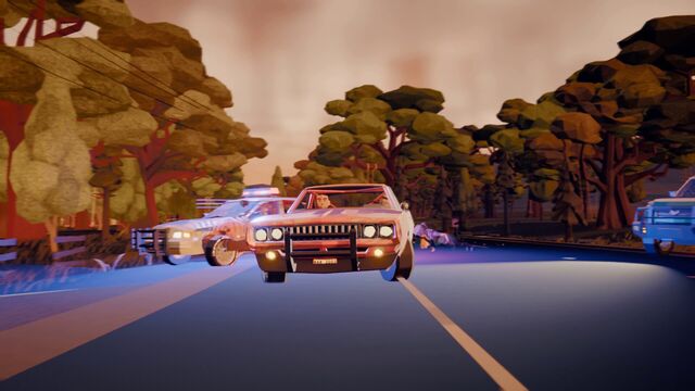 A police cruiser alongside a muscle car on a tree-lined road at sunset (full size, 1920 × 1080)