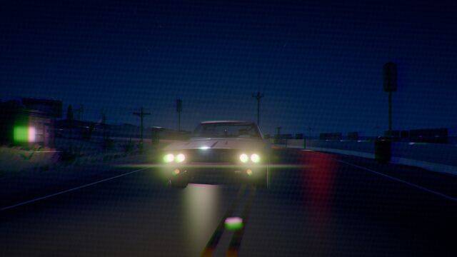 A car with its headlights on, racing down a dark highway (full size, 1920 × 1080)