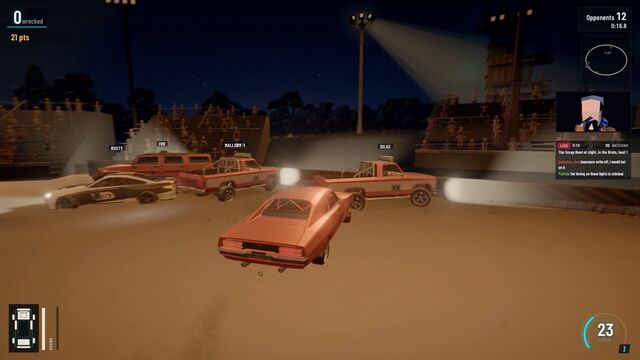 Cars smash into each other in a floodlit demolition derby arena (full size, 1920 × 1080)