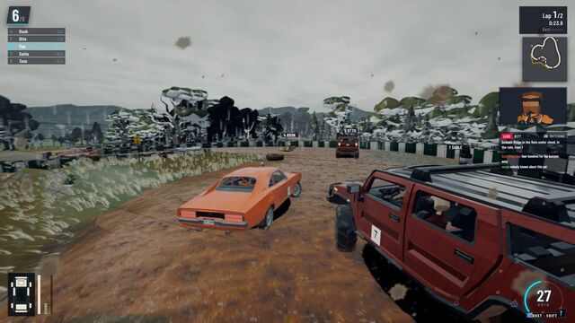 An orange muscle car and a red off-roader on a muddy dirt track (full size, 1920 × 1080)